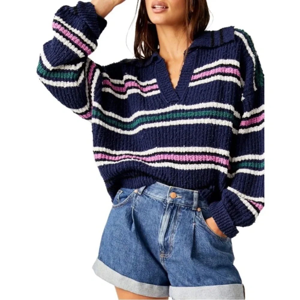 Free People NWT Kennedy Pullover Stripe Knit Sweater Size Medium Cropped Relaxed